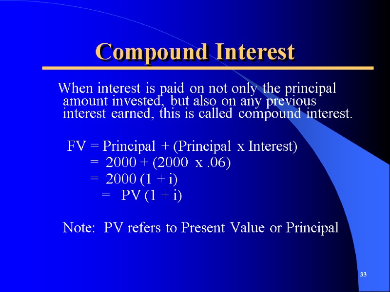 Compound Interest     When interest is paid on not only the